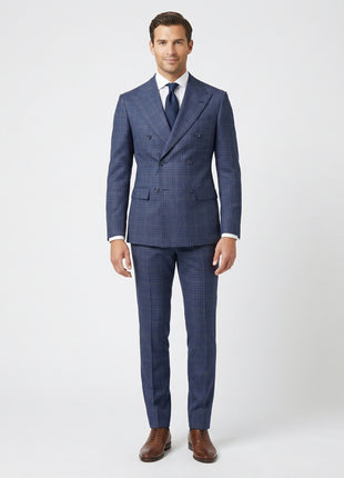 Berragamo Elegant Navy with Black Windowpane Slim Fit Double Breasted Wool Suit