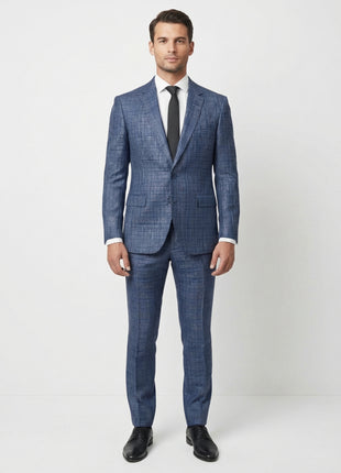 Berragamo Elegant Mens Blue With Brown Check Slim Fit Wool 2-Button Suit