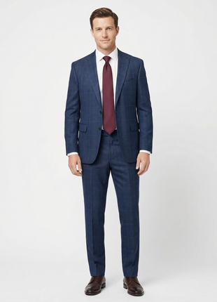 Centrion Mens Navy Blue Plaid Classic Fit Peak Lapels 2 Button Wool Suit