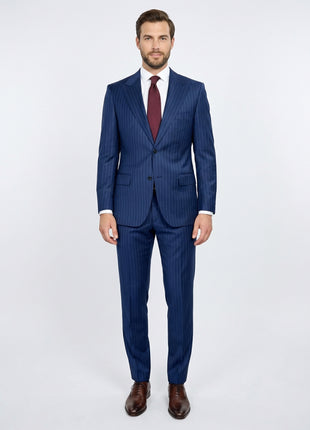 Centrion Mens Blue Pinstripe Classic Fit Peak Lapels 2 Button Wool Suit