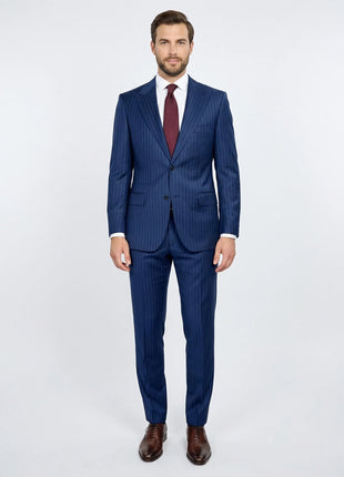 Centrion Mens Blue Pinstripe Slim Fit Peak Lapels 2 Button Wool Suit