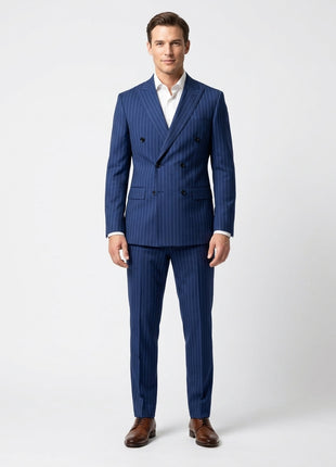 Centrion Mens Blue Pinstripe Slim Fit Peak Lapels Double Breasted Wool Suit