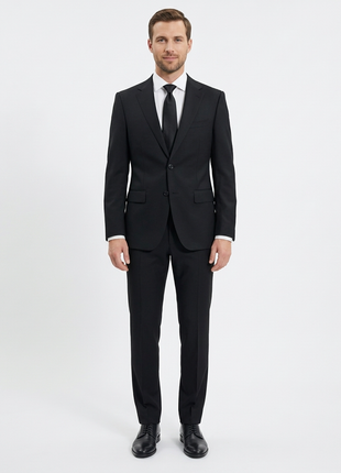 Centrion Mens Textured Black Classic Fit Wool Cashmere 2 Button Suit