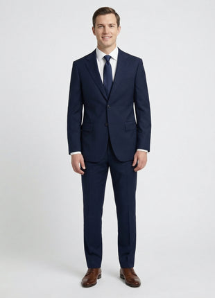 Centrion Mens Solid Navy Blue Fine Textured Weave Classic Fit Notch Lapels 2 Button Wool Suit