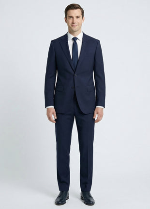 Centrion Mens Solid Navy Blue Fine Textured Weave Slim Fit Notch Lapels 2 Button Wool Suit