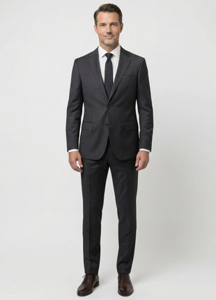 Centrion Mens Solid Black Fine Tight Weave Notch Lapels Classic Fit 2 Button Wool Suit