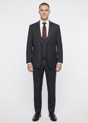 Mazara Mens Black With Gray Windowpane Classic Fit Peak Lapel 3-Piece Wool Suit