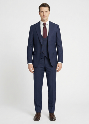 Mazara Mens Navy With Burgundy Windowpane Slim Fit Windowpane 3-Piece Wool Suit