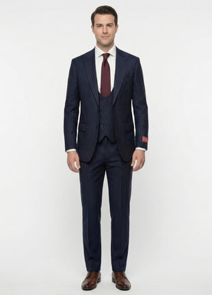 Mazara Mens Navy Rope Striped Classic Fit Peak Lapel 3-Piece Wool Suit