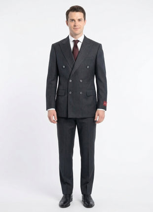 Mazara Mens Dark Gray with Navy Pinstripe Classic Fit Double Breasted Wool Suit