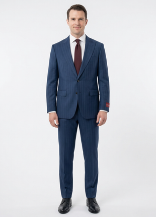 Mazara Mens Blue Pinstriped Classic Fit Peak Lapel Wool Blend 2-Button Suit