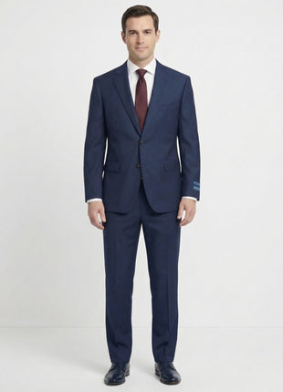 Tovaglia Mens Navy Textured Classic Fit Notch Lapels Wool Silk 2 Button Suit