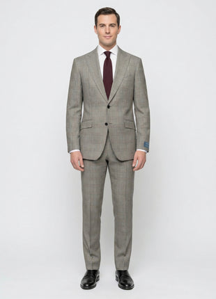 Tovaglia Mens Tan Glen Plaid Classic Fit Peak Lapel Wool 2-Button Suit