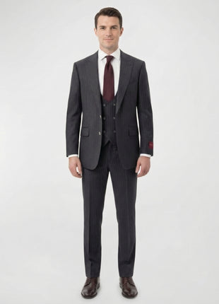 Mazara Mens Dark Gray with Navy Pinstripe Classic Fit Peak Lapel Wool 3-Piece Suit