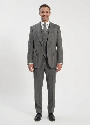 Apollo King Mens Gray Stripe Classic Fit Peak Lapel Wool 3 Piece Suit