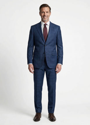Centrion Mens Blue Windowpane Slim Fit Notch Lapels 2 Button Wool Suit