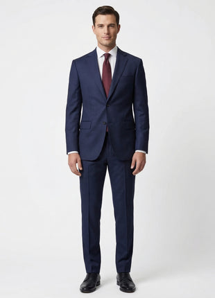 Joseph Bach Mens Dark Blue Textured Weave Half-Canvassed Slim Fit Notch Lapels 2 Button Wool Suit