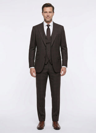 Apollo King Mens Brown Windowpane Classic Fit Peak Lapel Wool 3 Piece Suit