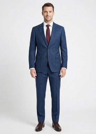 Centrion Men's Blue Plaid Classic Fit Notch Lapels 2 Button Wool Blend Suit