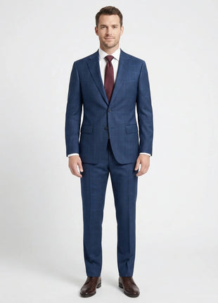 Centrion Mens Navy Blue Tonal Plaid Classic Fit Notch Lapels 2 Button Wool Suit