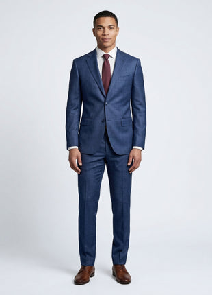 Joseph Bach Mens Blue Plaid Half-Canvassed Classic Fit Notch Lapels 2 Button Wool Suit