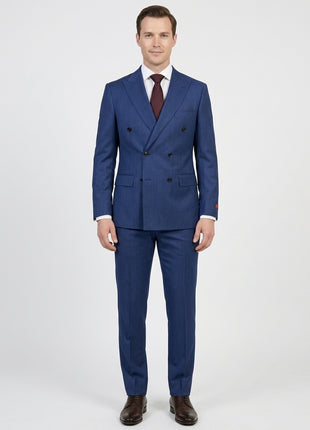 Centrion Mens Cobalt Blue Tonal Stripe Peak Lapels Slim Fit 2 Button Double Breasted Wool Suit