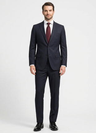 Centrion Mens Dark Blue Herringbone Stripe Notch Lapels Slim Fit 2 Button Wool Suit
