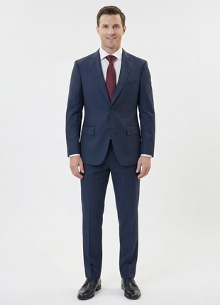 Centrion Mens Navy Pinstripe Slim Fit Peak Lapels 2 Button Wool Suit