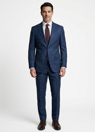 Centrion Men's Navy Blue Windowpane Classic Fit Notch Lapels 2 Button Wool Suit