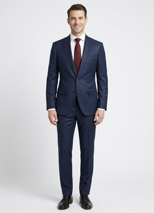Centrion Men's Navy Windowpane Classic Fit Peak Lapels 2 Button Wool Suit