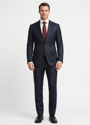 Centrion Mens Dark Blue Textured Classic Fit Peak Lapels 2 Button Stretch Wool Blend Suit