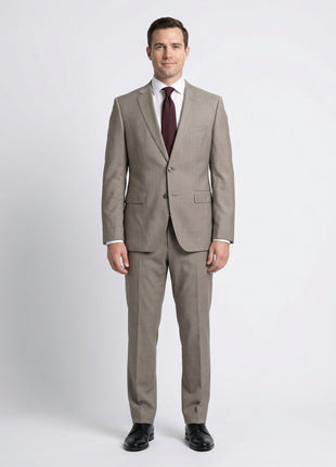Hugo Boss Mens Taupe Textured Notch Lapels Classic Fit 2 Button Wool Suit - 40R