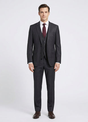 Hugo Boss Mens Charcoal Textured Notch Lapels Classic Fit 3-Piece Wool Silk Suit - 40R