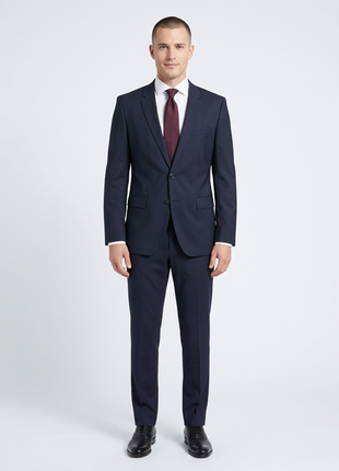 Hugo Boss Mens Solid Navy Notch Lapels Classic Fit Stretch 2 Button Wool Suit - 40L