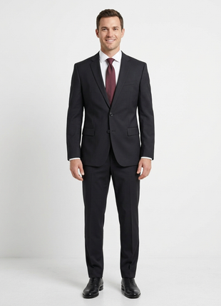 Hugo Boss Mens Solid Black Notch Lapels Slim Fit Stretch 2 Button Wool Suit - 40L