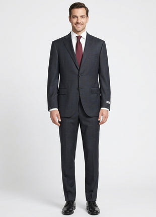 Canali Plaid Charcoal Gray & Blue Modern Fit Notch Lapel Wool 2-Button Suit 46R