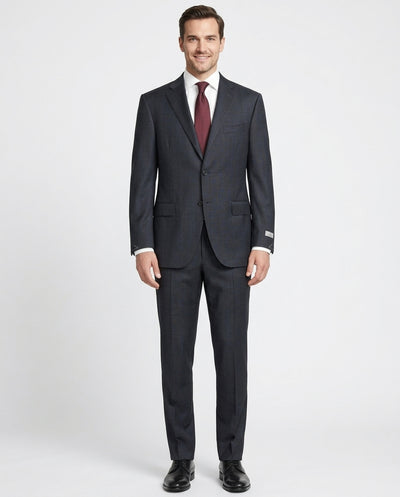 Canali Plaid Charcoal Gray & Blue Classic Fit Notch Lapel Wool 2-Button Suit 44R