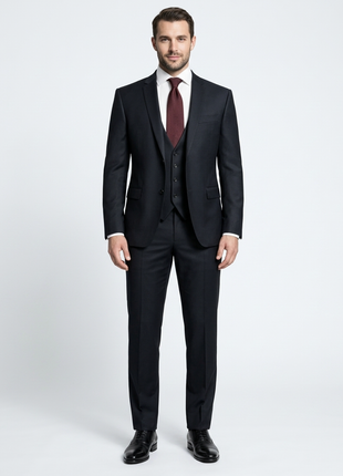Corneliani Mens Black Textured Fully-Canvassed Shawl Lapel Slim Fit 3-Piece Wool Suit - 40R