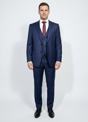Corneliani Mens Navy Textured Fully-Canvassed Peak Lapel Slim Fit 3-Piece Wool Suit - 46L