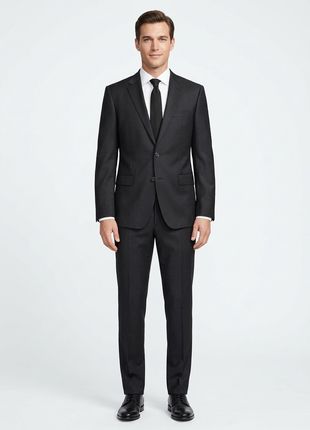 Hugo Boss Textured Black Notch Lapel Slim Fit Super 100’s Wool 2-Button Suit 46L