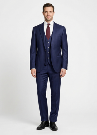 Corneliani Mens Solid Navy Fully-Canvassed Peak Lapels Classic Fit 3-Piece Wool Silk Suit - 34R