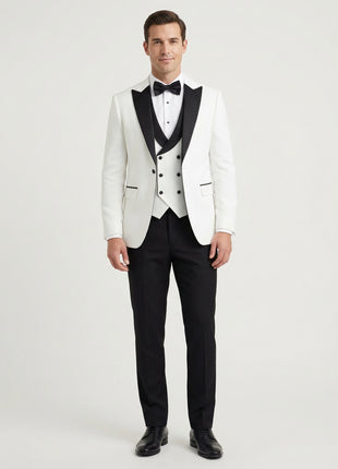 Cemden Extra Slim Fit White Textured One Button Tuxedo With Matching Vest
