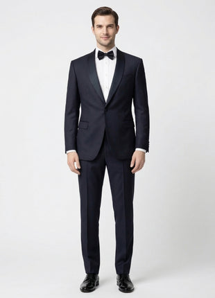 Canali Solid Midnight Blue With Black Satin Shawl Lapel Slim Fit 1-Button Wool Tuxedo 38R