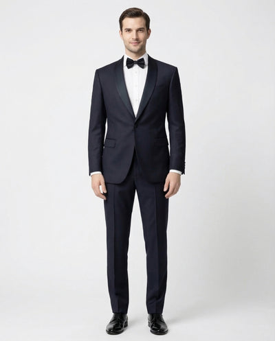 Canali Solid Midnight Blue With Black Satin Shawl Lapel Slim Fit 1-Button Wool Tuxedo 38R