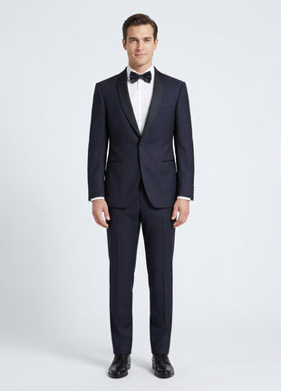 Canali Solid Midnight Blue With Black Satin Shawl Lapel Slim Fit 1-Button Wool Tuxedo 46R