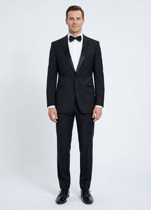 Hugo Boss Solid Black With Satin Notch Lapel Modern Fit Super 100’s Wool 2-Button Tuxedo 42L