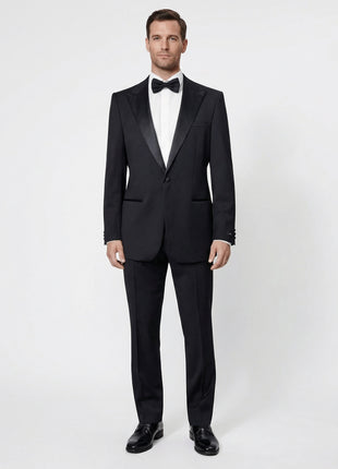 Hugo Boss Solid Black With Satin Peak Lapel Classic Fit Super 100’s Wool 1-Button Tuxedo 42R