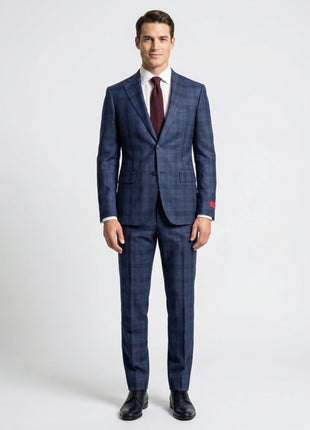 Joseph Bach Mens Blue Windowpane Plaid Half-Canvassed Slim Fit Notch Lapels 2 Button Wool Suit