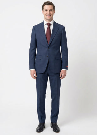 Centrion Men's Blue Check Slim Fit Notch Lapels 2 Button Stretch Wool Suit