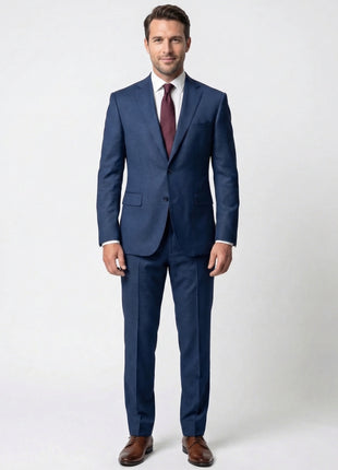 Joseph Bach Mens Blue Textured Half-Canvassed Slim Fit Notch Lapels 2 Button Wool Suit